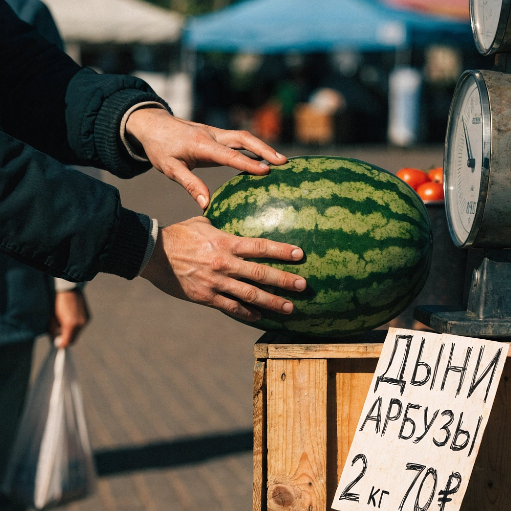 Мужские руки постукивают по арбузу на рынке