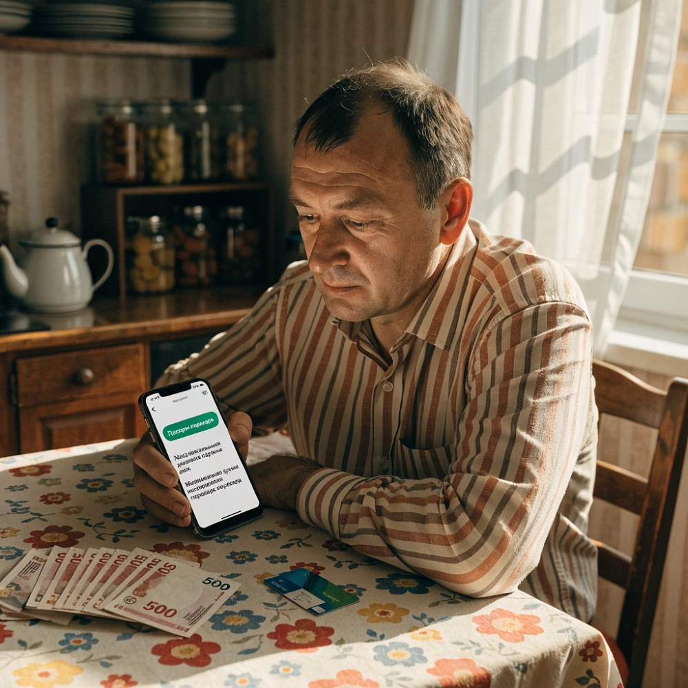Мужчина на кухне настраивает лимиты переводов в банковском приложении