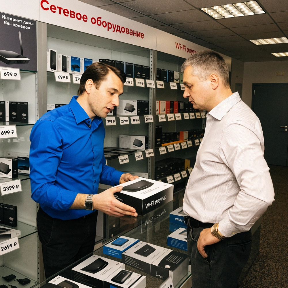 Продавец показывает покупателю роутер в магазине электроники