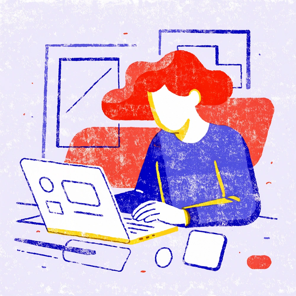 Предприниматель за ноутбуком с интерфейсом настройки счёта, ризограф-иллюстрация