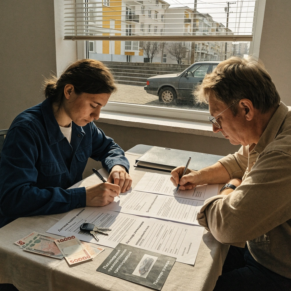 Покупатель и продавец подписывают договор купли-продажи за столом