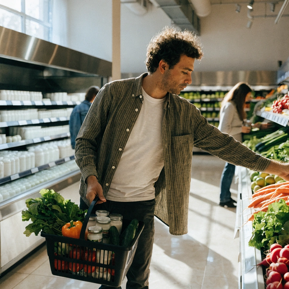 Мужчина с корзиной свежих продуктов выбирает овощи в современном супермаркете