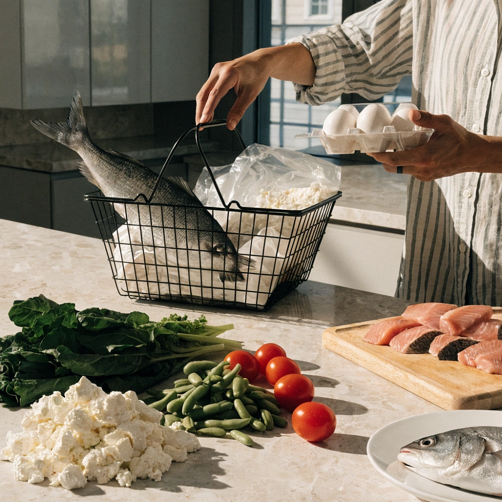 Руки раскладывают яйца, рыбу, творог и зелень на кухонной столешнице