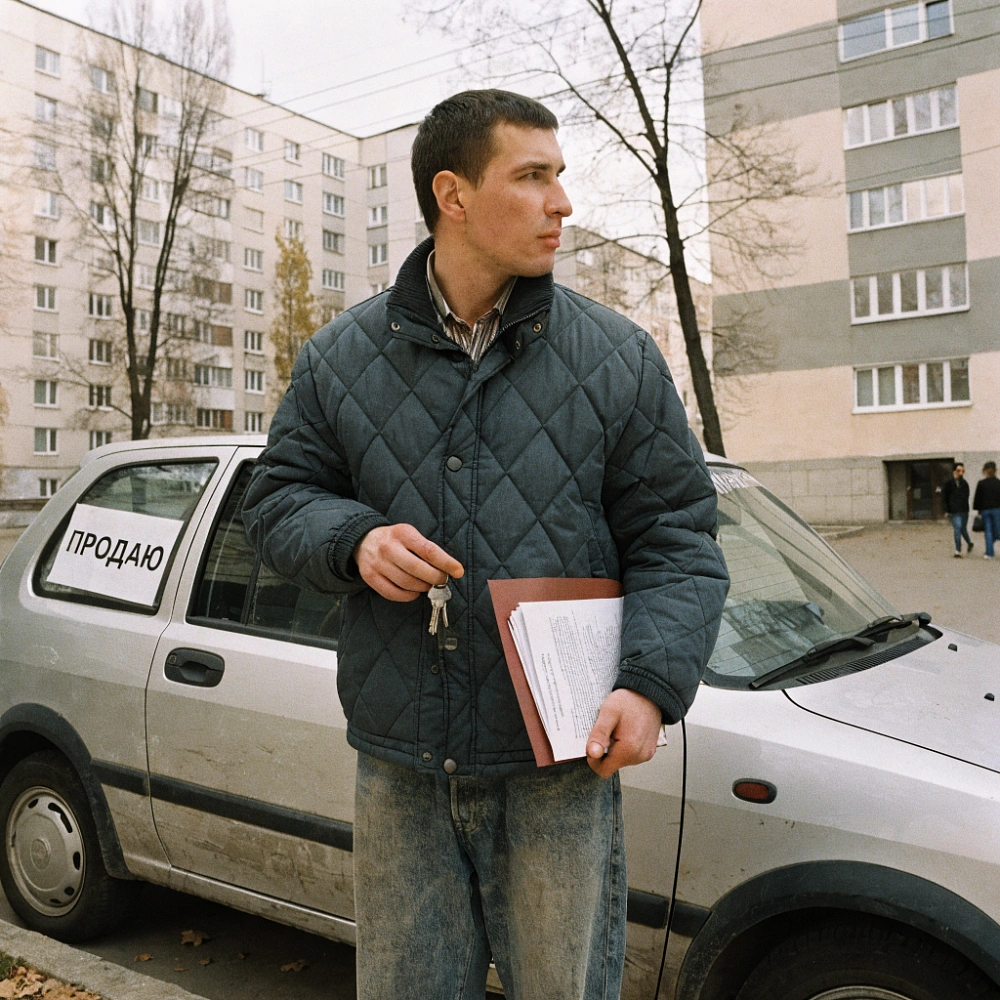 Мужчина с ключами и документами у подержанного серебристого хэтчбека с надписью ПРОДАЮ
