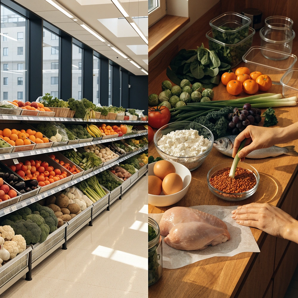 Свежие продукты и контейнеры для еды на столе у окна