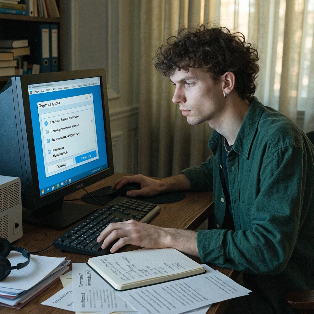 Мужчина освобождает место на диске в окне очистки Windows