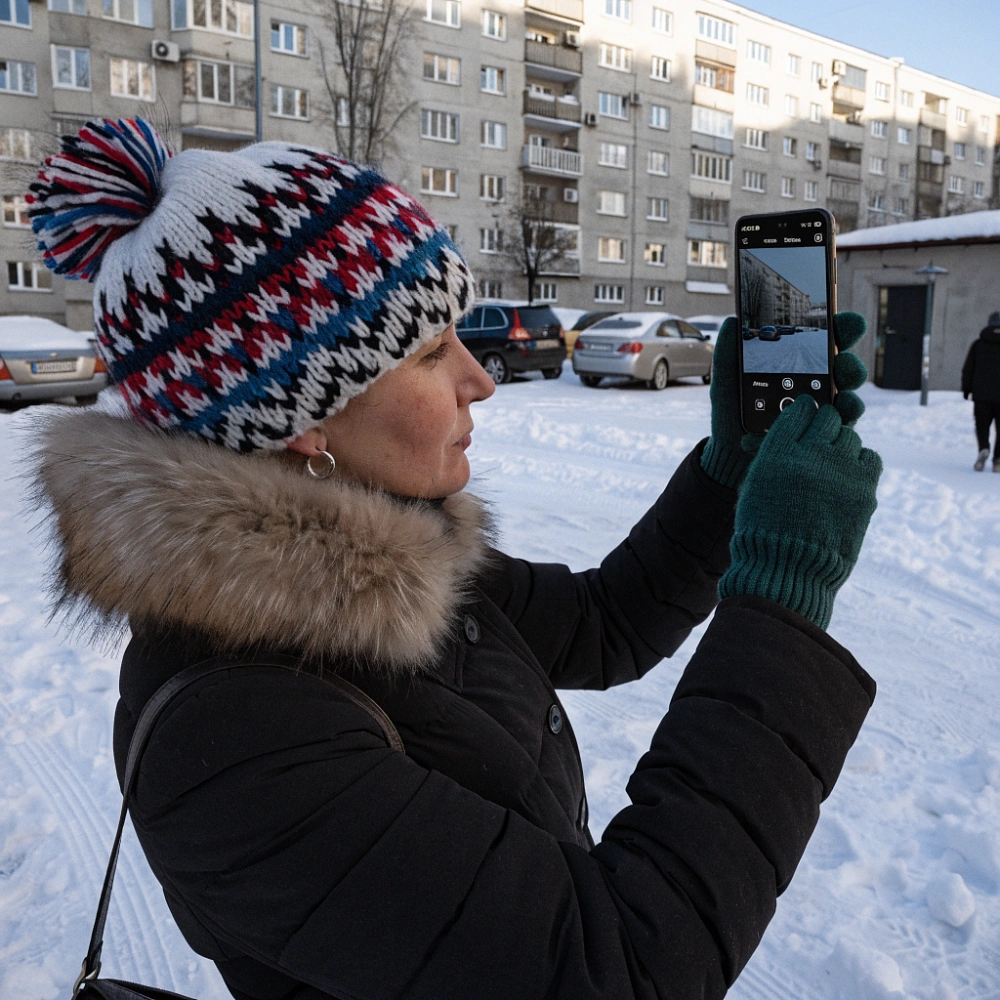 Женщина фотографирует зимний двор дома на смартфон