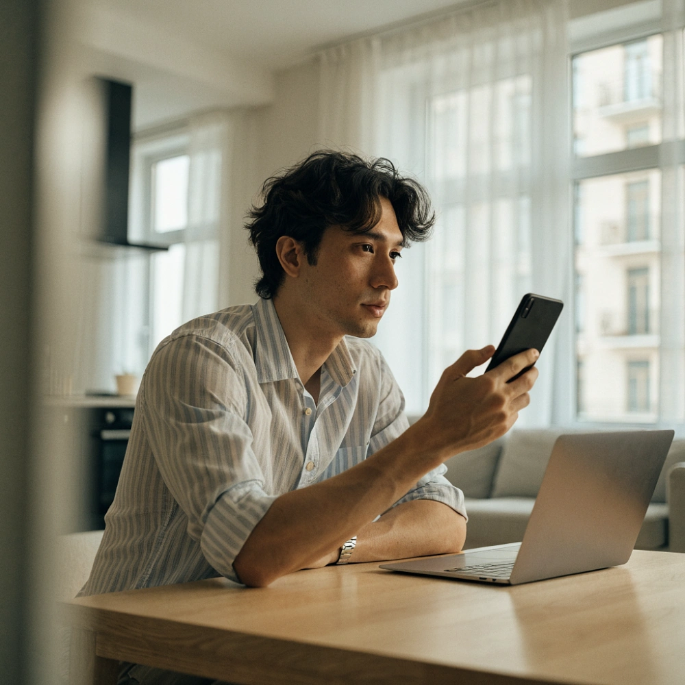 Мужчина держит смартфон на Android в светлой квартире, рядом ноутбук