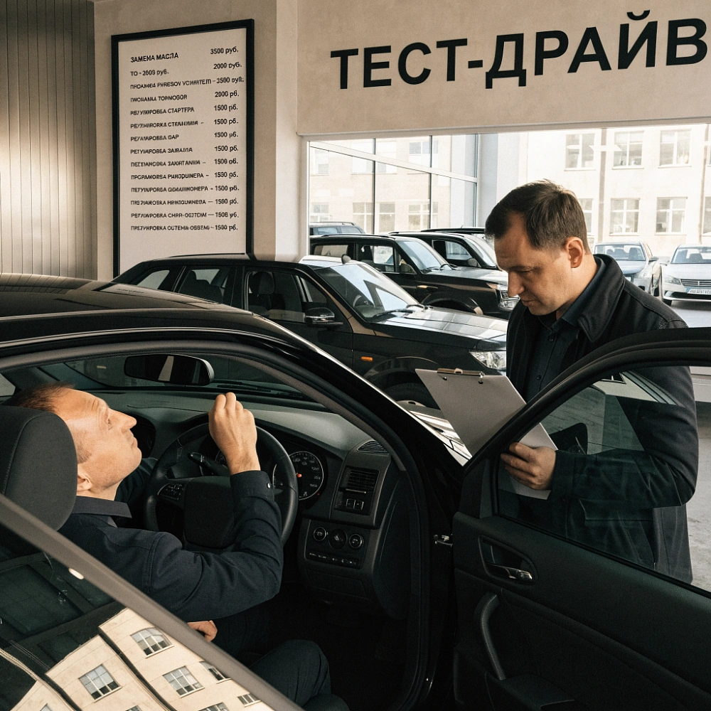 Мужчина на тест-драйве настраивает зеркало, рядом консультант с планшетом