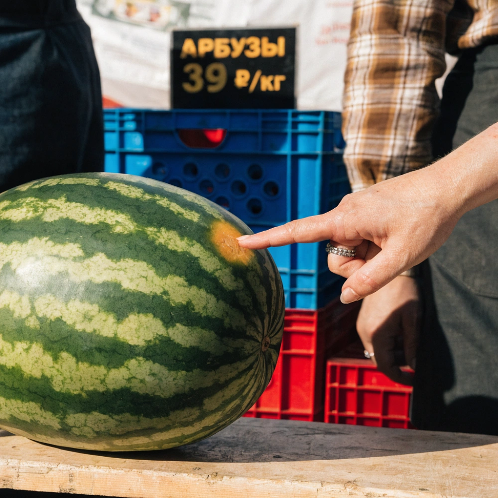 Женщина показывает на жёлтое пятно на корке арбуза
