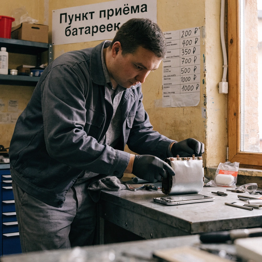 Вздутая батарея смартфона лежит на верстаке в мастерской