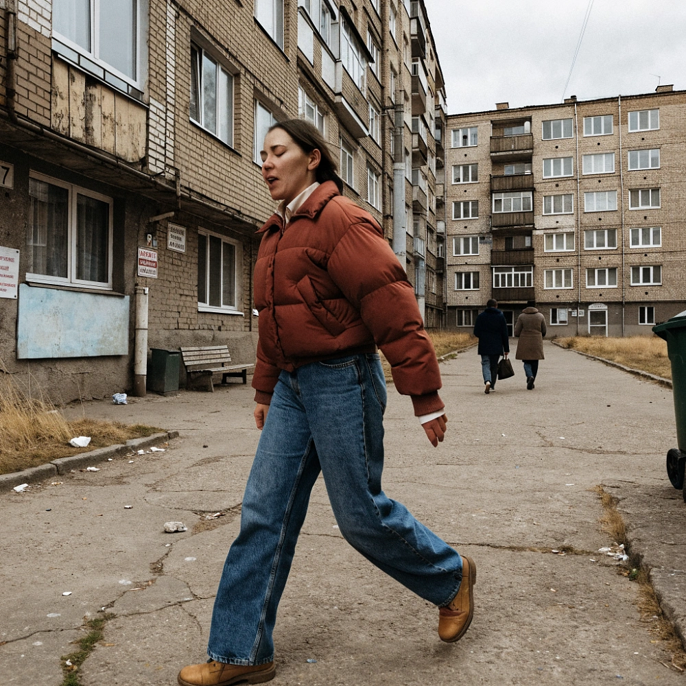 Женщина быстро идёт по двору между панельными домами осенью