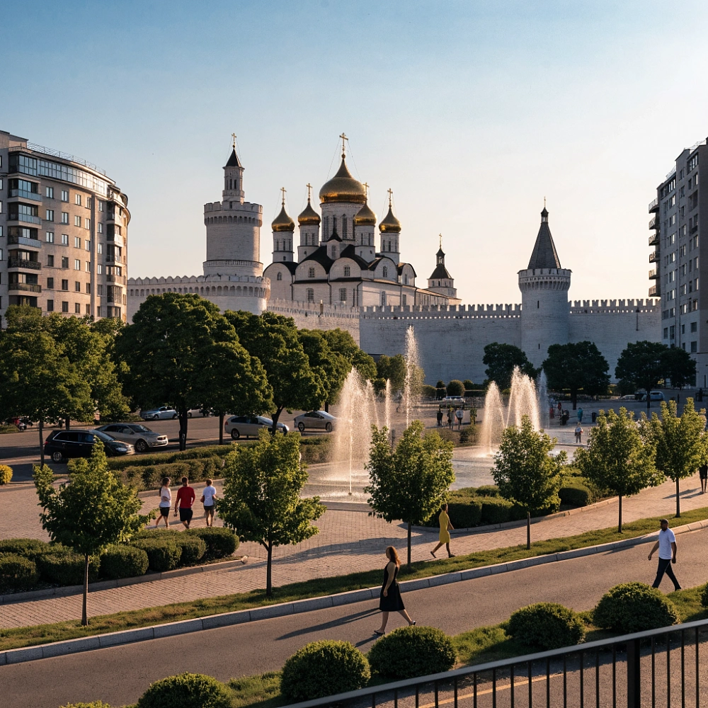 Белокаменные стены и башни Астраханского кремля с собором со стороны городской площади