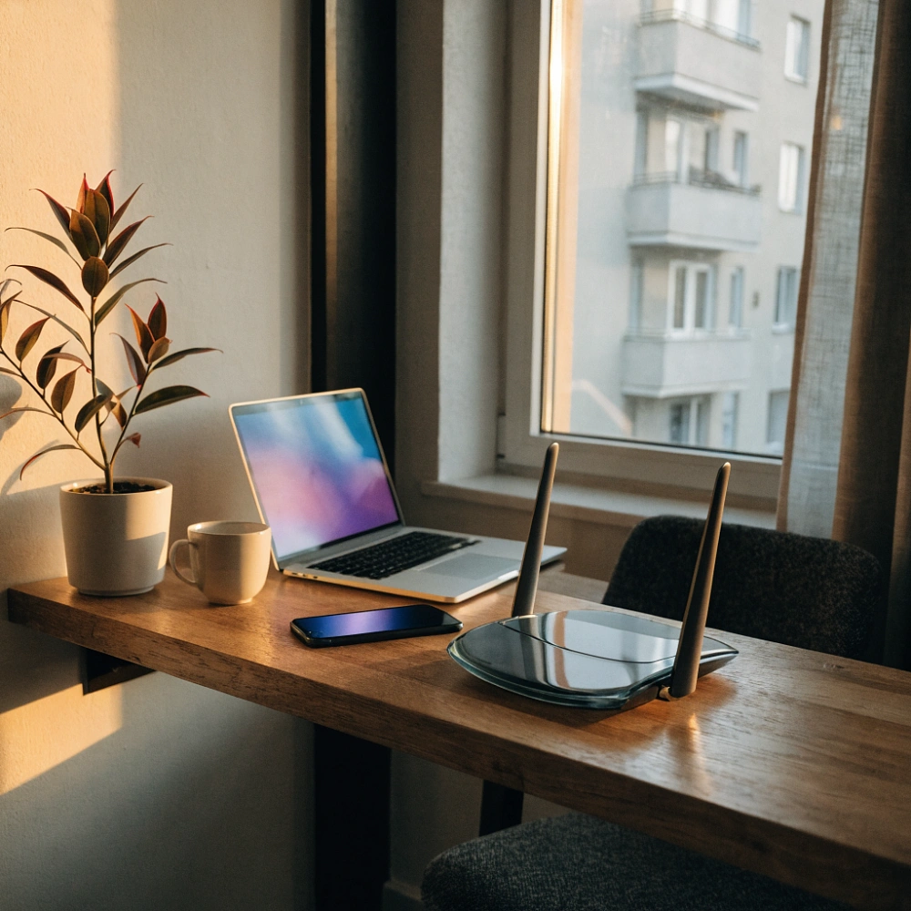 Wi-Fi роутер на полке рядом с ноутбуком и смартфоном