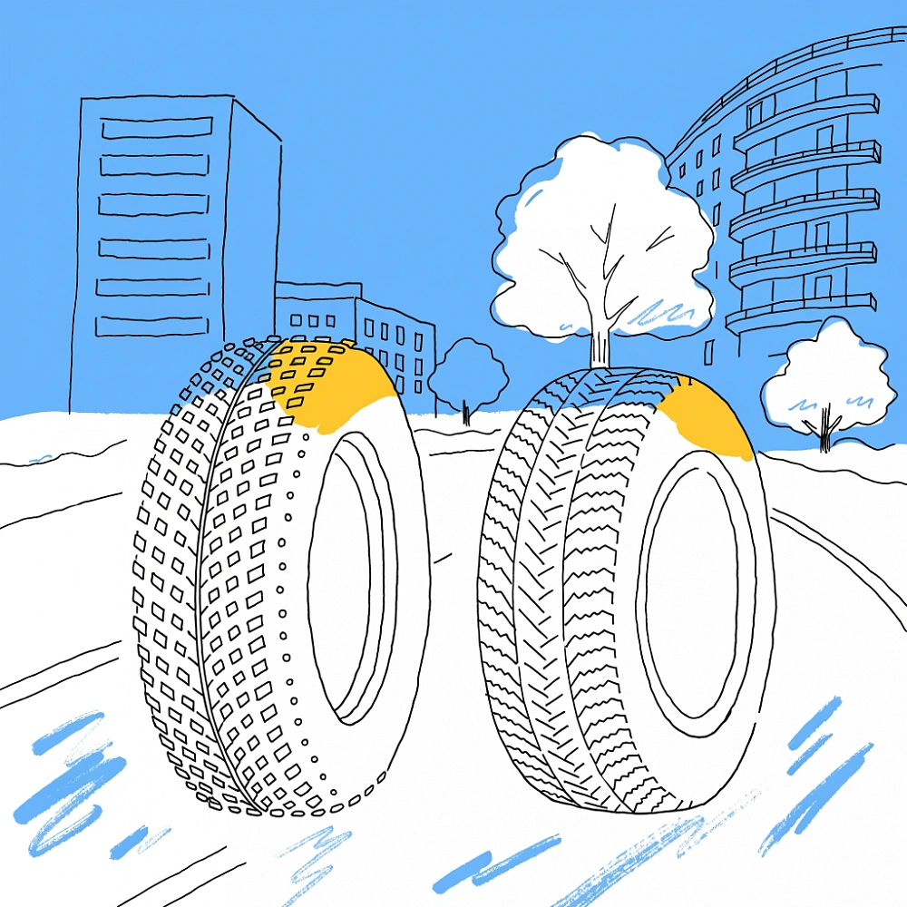 Две зимние шины рядом: шипованная и фрикционная на заснеженном асфальте