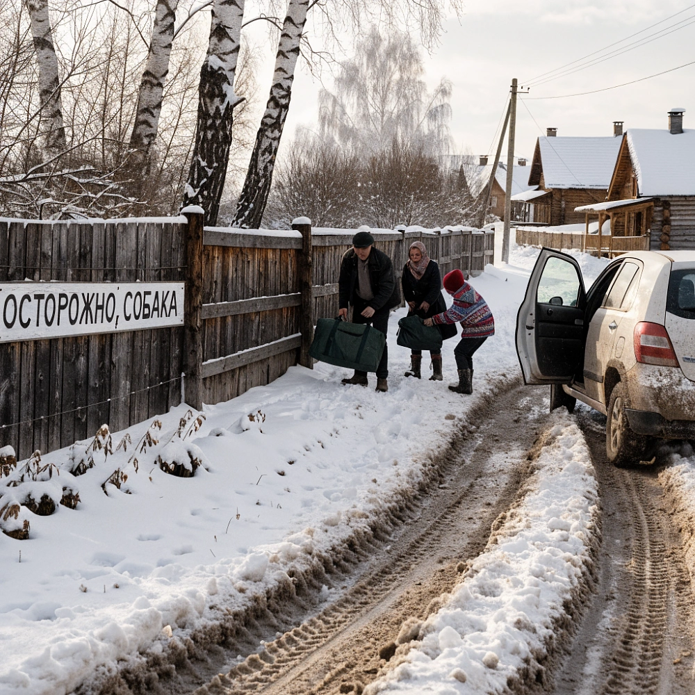 Кроссовер стоит в колее на снежной грунтовке, семья выгружает сумки у дачи