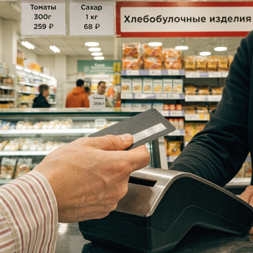 Рука с банковской картой у платёжного терминала в продуктовом магазине