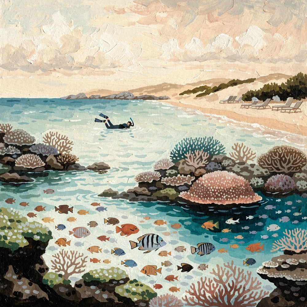 Коралловый риф и снорклер у берега Красного моря